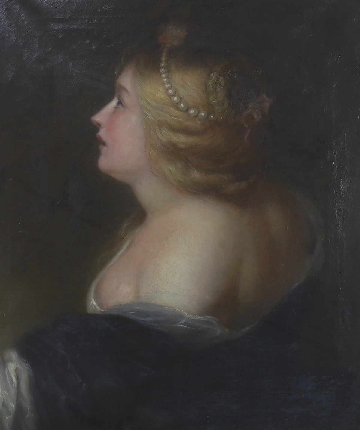 English School c.1900, oil on canvas, Portrait of a woman with pearls in her hair, 64 x 53cm